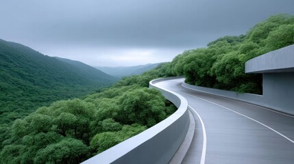 Serpentine highway through lush green mountains under a cloudy sky panoramic scenic view