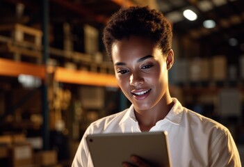 Smiling woman using a tablet in a warehouse setting