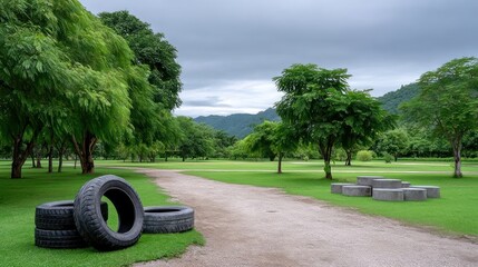 Scenic landscape featuring lush green trees, a dirt path, and stacked tires on a grassy area