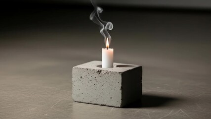 Candle burning with smoke on concrete block, gray monochrome background, decoration - Powered by Adobe