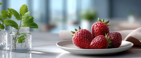 Elegant presentation of fresh strawberries and mint in glass jars creating a refreshing scene