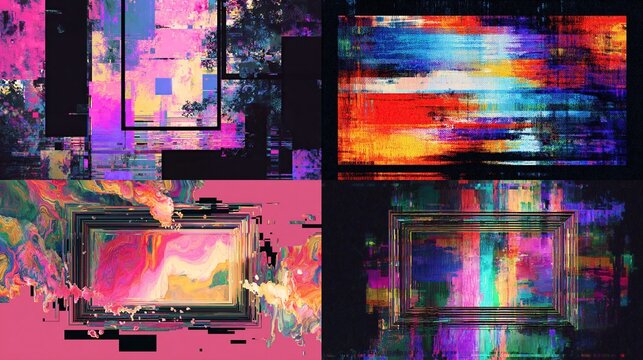 Abstract Digital Art Composition with Vibrant Colors, Glitch Effects, and Geometric Shapes