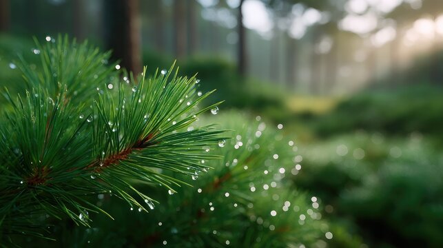 Close Up Macro of Pine Needles with Water Droplets in a Lush Green Forest