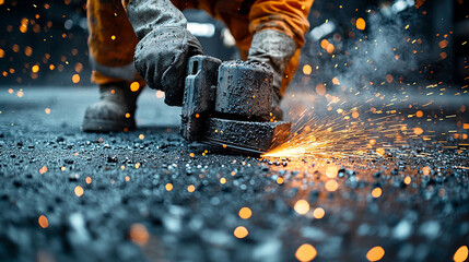 Worker grinds floor in construction area creating sparks Generative AI