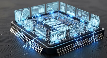 Obraz premium Futuristic Computer Chip with Data Visualization High-Tech Concept, Integrated Circuits