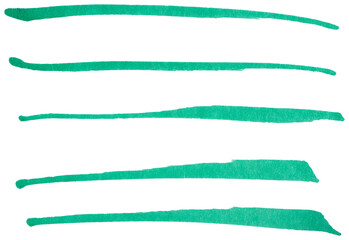 Obraz premium Hand drawn green marker brush strokes set, abstract ink lines collection for underline, highlight, text divider, design element, doodle sketch, isolated simple shapes on transparent background
