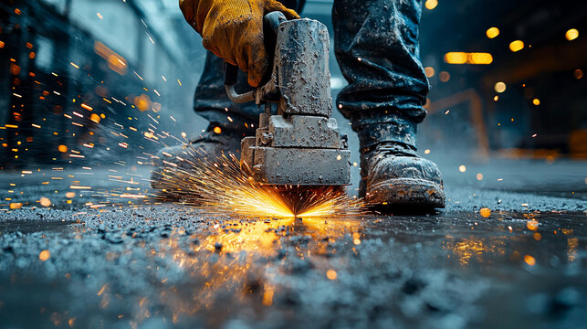 Worker grinds floor, creating sparks in warehouse setting Generative AI