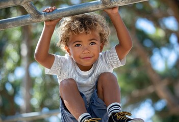 a young boy with curly hair and blue shorts is hanging from the monkey bars on his school playground, trying to reach for something in front of him.