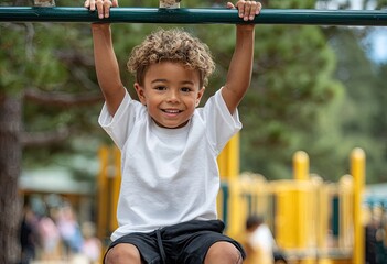 a young boy with curly hair and blue shorts is hanging from the monkey bars on his school playground, trying to reach for something in front of him.
