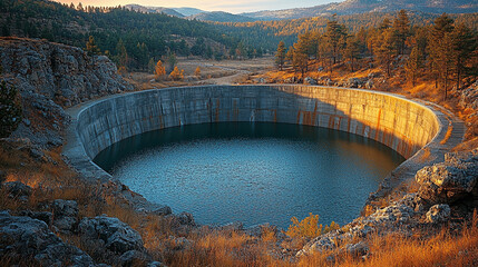 Finished concrete dam section in a natural landscape Generative AI