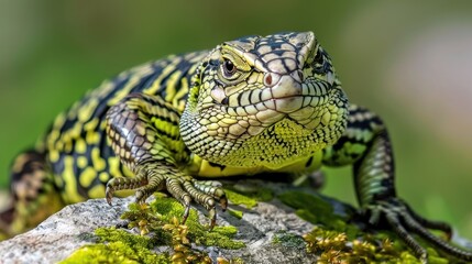 Obraz premium Green and Yellow Lizard Resting on Rock in Natural Environment