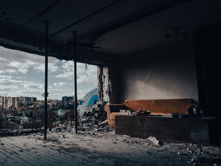 ruined street and destroyed houses in Kiev war in Ukraine