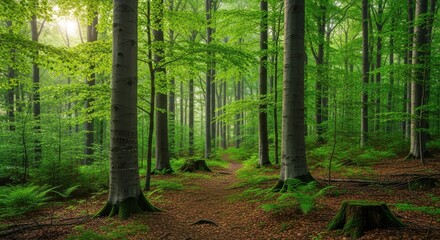Obraz premium Enchanting green forest with a path in spring, creating a scenic landscape