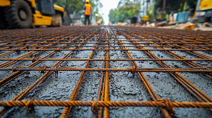 Obraz premium Close-up view of steel rebar mesh laid for construction project Generative AI
