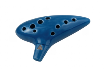 Blue ceramic ocarina wind instrument, transparent background