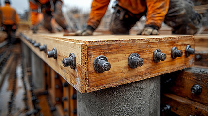 Workers assemble plywood on construction site during daylight Generative AI