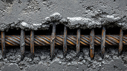 Close-up view of rusty rebar embedded in concrete surface Generative AI