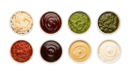 Eight oval white bowls filled with various sauces and dips isolated on transparent background