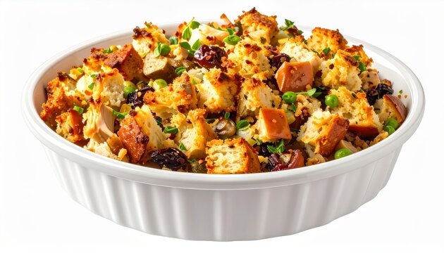 Turkey stuffing isolated on white background . Thanksgiving holiday side dish. Homemade bread dressing recipe for festive autumn meal.