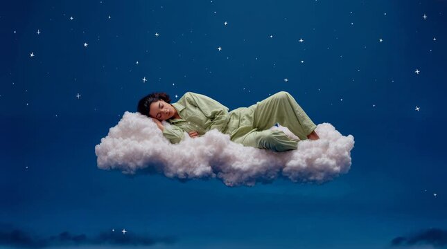 Female sleeping peacefully on fluffy cloud in starry night sky, cinematic fantasy and lifestyle concept symbolizing dream, imagination, and inspiration.