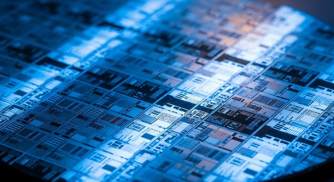Close-up view of a silicon wafer with intricate microchip designs for technological applications