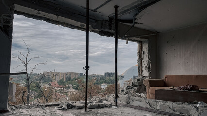 ruined street and destroyed houses in Kiev war in Ukraine