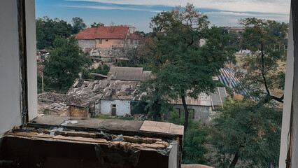 ruined street and destroyed houses in Kiev war in Ukraine