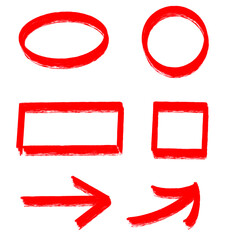 赤いペンで描かれた、丸、四角、矢印