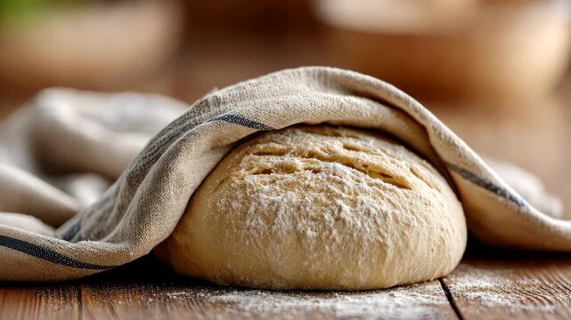 Rising bread dough under linen cloth on rustic wooden table in natural light sequence