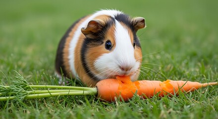 Guinea Pig Eating Carrot in Grass.