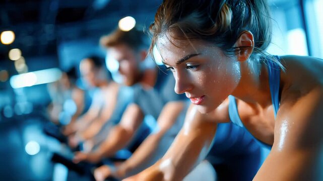 Close-up of a determined young woman with blue eyes working out at the gym in a spinning class