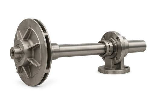 Stainless steel centrifugal pump impeller and shaft on transparent background