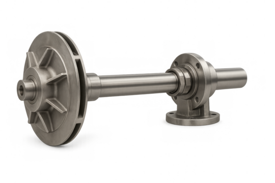 Stainless steel centrifugal pump impeller and shaft on transparent background