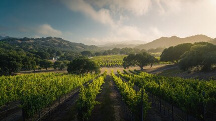 Fototapeta premium vineyard. Golden hour vineyard landscape with rows of grapevines extending toward rolling hills, travel magazines, destination branding, designed for outdoor magazines and nature guides.