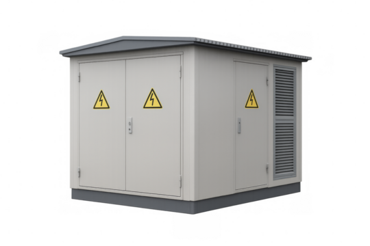 Outdoor electrical transformer box with high voltage danger signs