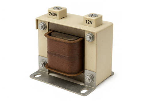 Electrical power transformer converting voltage on transparent background