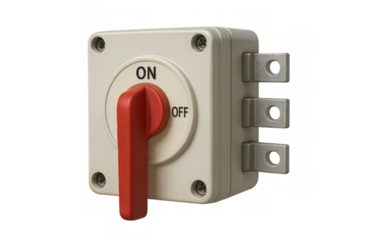 Industrial electrical power disconnect switch on transparent background