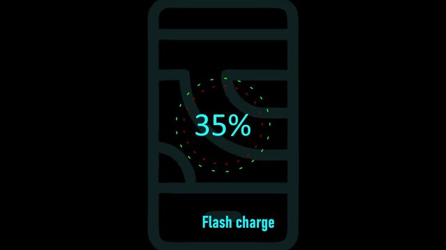 Circle battery charging animation with power icon and percentage numbers.35 Isolated on black background. Charge Level Icon. Charging Icon. Flat style. charging empty battery icon wk video