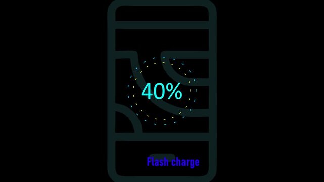 Circle battery charging animation with power icon and percentage numbers. 40 Isolated on black background. Charge Level Icon. Charging Icon. Flat style. charging empty battery icon wk video