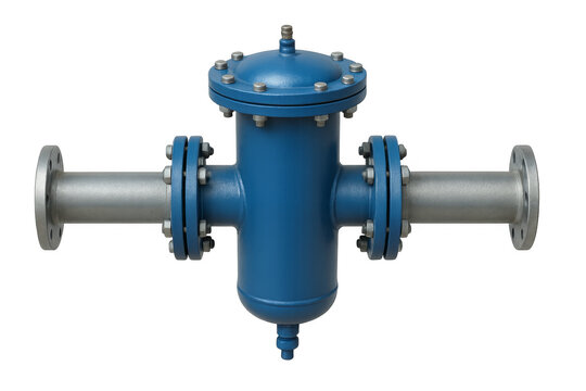 Blue industrial liquid filter strainer on transparent background