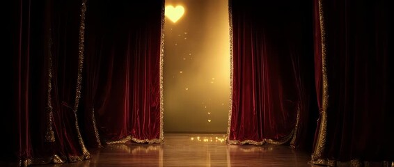 Red Velvet Curtains Opening to Reveal Hearts - Theatrical Background. Perfect for award shows, romantic movie titles, wedding presentations, and special event announcements.