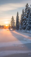Winter Sunrise in Snowy Forest.