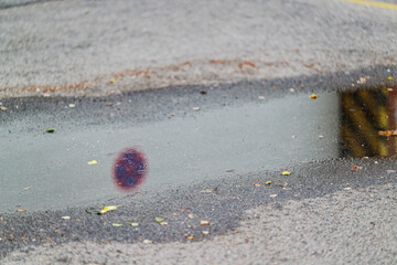 Puddle reflection of no parking sign and striped post.