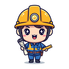An illustration of an engineer with construction blueprint and ruler, wearing a yellow helmet and blue outfit, smiling Vector illustration kawaii