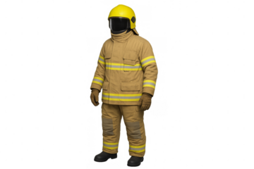 Firefighter dressed in protective uniform and yellow helmet