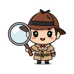A detective character with a magnifying glass, ready to solve the mystery. He is dressed in a classic detective outfit, wearing a hat and trench coat Vector illustration