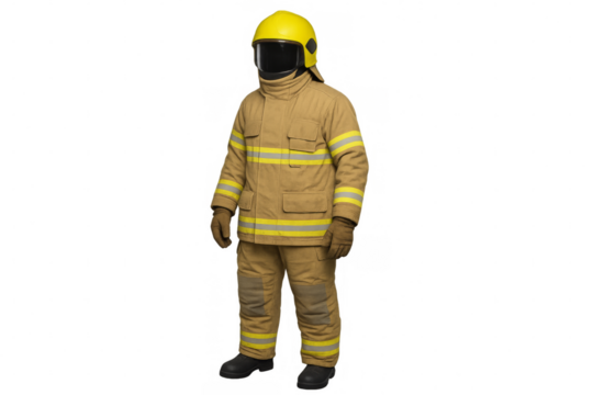 Firefighter dressed in protective uniform and yellow helmet