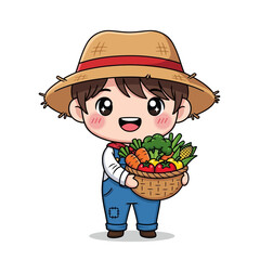 A friendly farmer holding a basket of fresh vegetables, ready for harvest. Smiling and showing agricultural life in the fresh harvest. Vector illustration