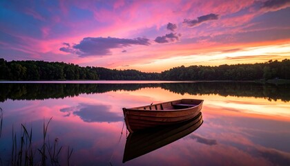 Obraz premium Lone Wooden Rowboat on Twilight Lake with Vibrant Colorful Reflections 