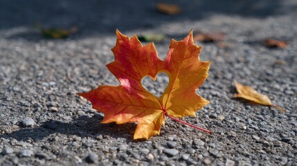 Vibrant autumn maple leaf with heart cutout on gravel